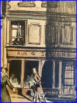 Belle Gravure Derveaux Saint Malo Ville Rue Art Ancien 1945 Estampe Lithographie