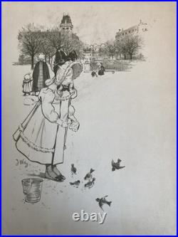 Belle Lithographie Gravure Estampe XIXe 1900 Jacques Wely Fille Oiseau Ancien