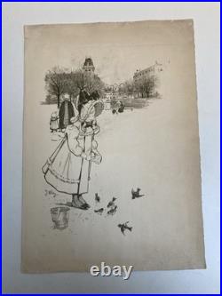 Belle Lithographie Gravure Estampe XIXe 1900 Jacques Wely Fille Oiseau Ancien