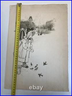 Belle Lithographie Gravure Estampe XIXe 1900 Jacques Wely Fille Oiseau Ancien