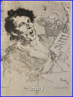 Belle Lithographie signée Daniel Vierge Gravure Estampe Art Ancien Musique Notes