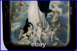 Belle gravure réhaussée Vierge aux nuages entourée d'Anges XIXe Siècle