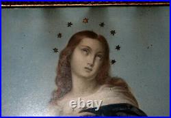 Belle gravure réhaussée Vierge aux nuages entourée d'Anges XIXe Siècle