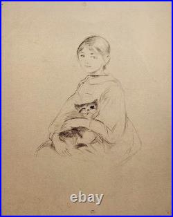 Berthe Morisot, Julie Manet au chat, Lithogravure originale, Signée, 1889 Berthe Morisot, Julie Manet au chat, Lithogravure originale, Signée, 1889