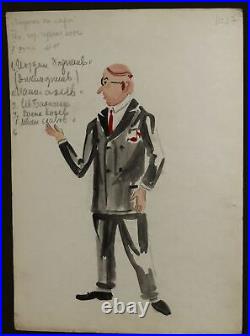 Conception de costumes de théâtre vintage signé homme portrait aquarelle