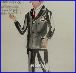 Conception de costumes de théâtre vintage signé homme portrait aquarelle