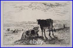 Constant TROYON Vaches au coucher de soleil Gravure, Signée #Durand Ruel