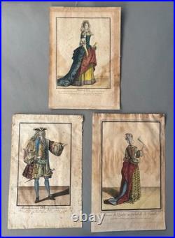 Costumes, trois gravures rehaussées d'aquarelle, fin XVIIe début XVIIIe