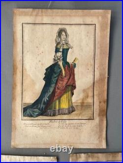 Costumes, trois gravures rehaussées d'aquarelle, fin XVIIe début XVIIIe