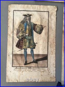 Costumes, trois gravures rehaussées d'aquarelle, fin XVIIe début XVIIIe