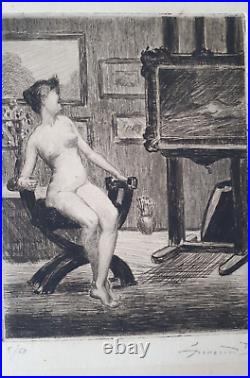 Curiosa grande gravure signée modèle femme nu féminin atelier peintre