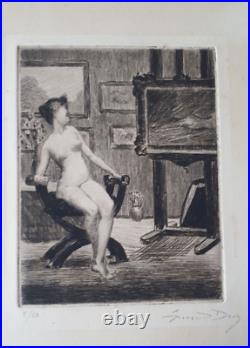 Curiosa grande gravure signée modèle femme nu féminin atelier peintre