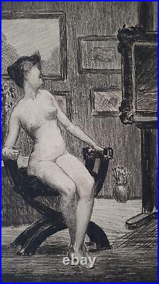 Curiosa grande gravure signée modèle femme nu féminin atelier peintre