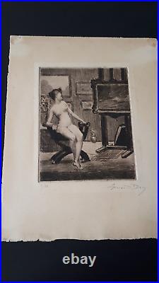 Curiosa grande gravure signée modèle femme nu féminin atelier peintre