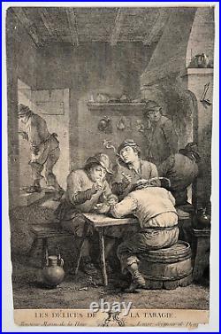 DELICES TABAGIE Gravure DAVID TENIERS Sornique TABAC Fumeurs Fumee XVIII°