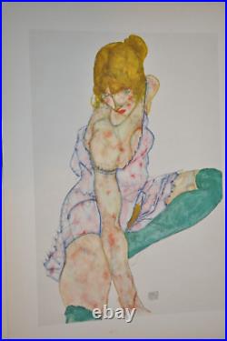 Egon Schiel, lithographie originale, Jeune fille aux bas verts 1914