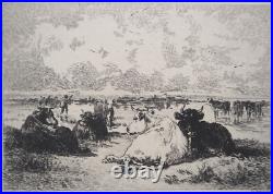 Émile Van-Marke Vaches d'Arcachon, GRAVURE signée, Durand Ruel, 1873