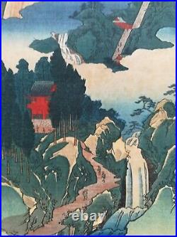 Estampe japonaise originale. Utagawa Hiroshige. Hôrai Temple Mountains. 1853