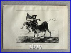 Francisco GOYA gravure Etching Aveugle Enlevé Sur Les Cornes D'un Taureau 1867