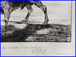 Francisco GOYA gravure Etching Aveugle Enlevé Sur Les Cornes D'un Taureau 1867