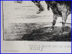 Francisco GOYA gravure Etching Aveugle Enlevé Sur Les Cornes D'un Taureau 1867