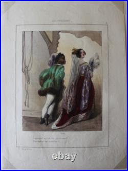 GAVARNI Les Coulisses N°14 1840 Aubert Gravure originale Aquarellée & Gommée