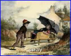 GAVARNI Lithographie originale aquarellée gommée PROMENADE CHAMPÊTRE ENFANTS