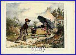 GAVARNI Lithographie originale aquarellée gommée PROMENADE CHAMPÊTRE ENFANTS