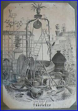 GRAVURE ANCIENNE XIXème HORTICULTURE-TROPHEES SIGNEE MAXIME ROVIER 1858 57 X 78