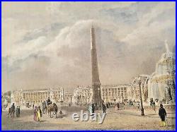 Gcm7-gravure Orig-aquarellée Main-l'obélisque Du Luxor-fontaines-paris-arnoult