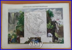 Gco45-gravure Origi-aquarellée Main-carte Géographique-amérique Septentrionale