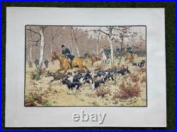 Georges Busson Gravure lithographie Venerie Chasse À Courre cerf Meute De Chiens