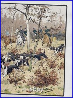 Georges Busson Gravure lithographie Venerie Chasse À Courre cerf Meute De Chiens