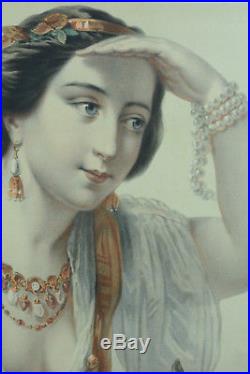 Grande Lithographie Couleur 19 ème Portrait de Jeune Femme la Vue Optique poster