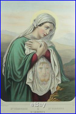 Grande Lithogravure religieuse 19E Sainte Véronique Veronica's Veil Turgis rare