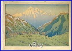Grande lithographie couleurs Henri Rivière paysage montagne troupeau XIXè