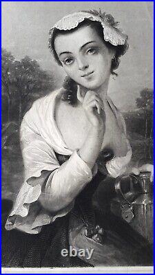Grande lithographie originale portrait féminin jeune femme Perette S. Deroche