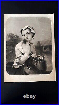 Grande lithographie originale portrait féminin jeune femme Perette S. Deroche
