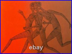 Grande lithographie trois courreurs art moderne signée années 1970