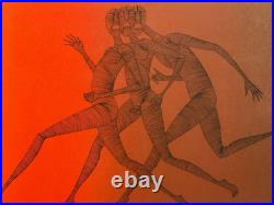 Grande lithographie trois courreurs art moderne signée années 1970