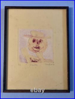 Gravure 1970 Portrait Art Brut Naïf Lithographie Ancien A Identifier Homme