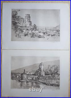 Gravure À L'Eau-forte Pression 2x Affichage Heidelberg Château Pont Sw Signé