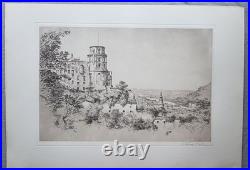 Gravure À L'Eau-forte Pression 2x Affichage Heidelberg Château Pont Sw Signé