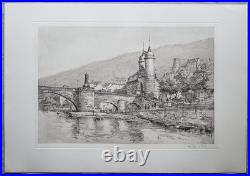 Gravure À L'Eau-forte Pression 2x Affichage Heidelberg Château Pont Sw Signé