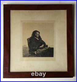 Gravure À L'Eau-forte Um 1900 Assis Femme Plupart Table Monogramme Danemark