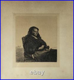 Gravure À L'Eau-forte Um 1900 Assis Femme Plupart Table Monogramme Danemark