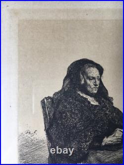 Gravure À L'Eau-forte Um 1900 Assis Femme Plupart Table Monogramme Danemark