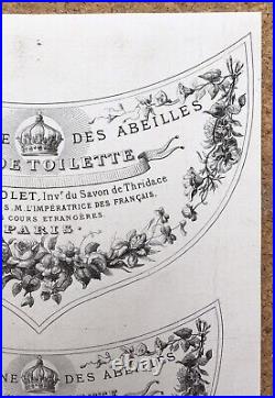 Gravure Ancienne 4 Étiquettes Parfums Violet Reine des Abeilles Impératrice XIXe