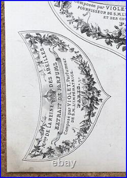 Gravure Ancienne 4 Étiquettes Parfums Violet Reine des Abeilles Impératrice XIXe