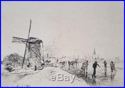 Gravure Eau Forte Johan JONGKIND impressionnisme patinage moulin hollande XIXè